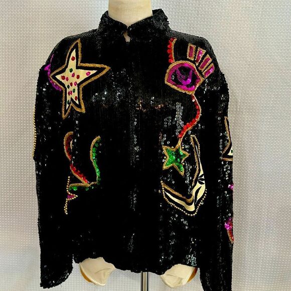 Lillie Rubin Vintage Moon & Stars Black Silk Sequin Jacket Size Medium - Picture 1 of 11